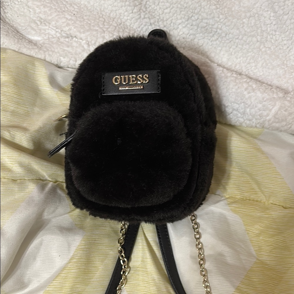 Guess Black Mini Backpack with Plush Material and Chain Straps
